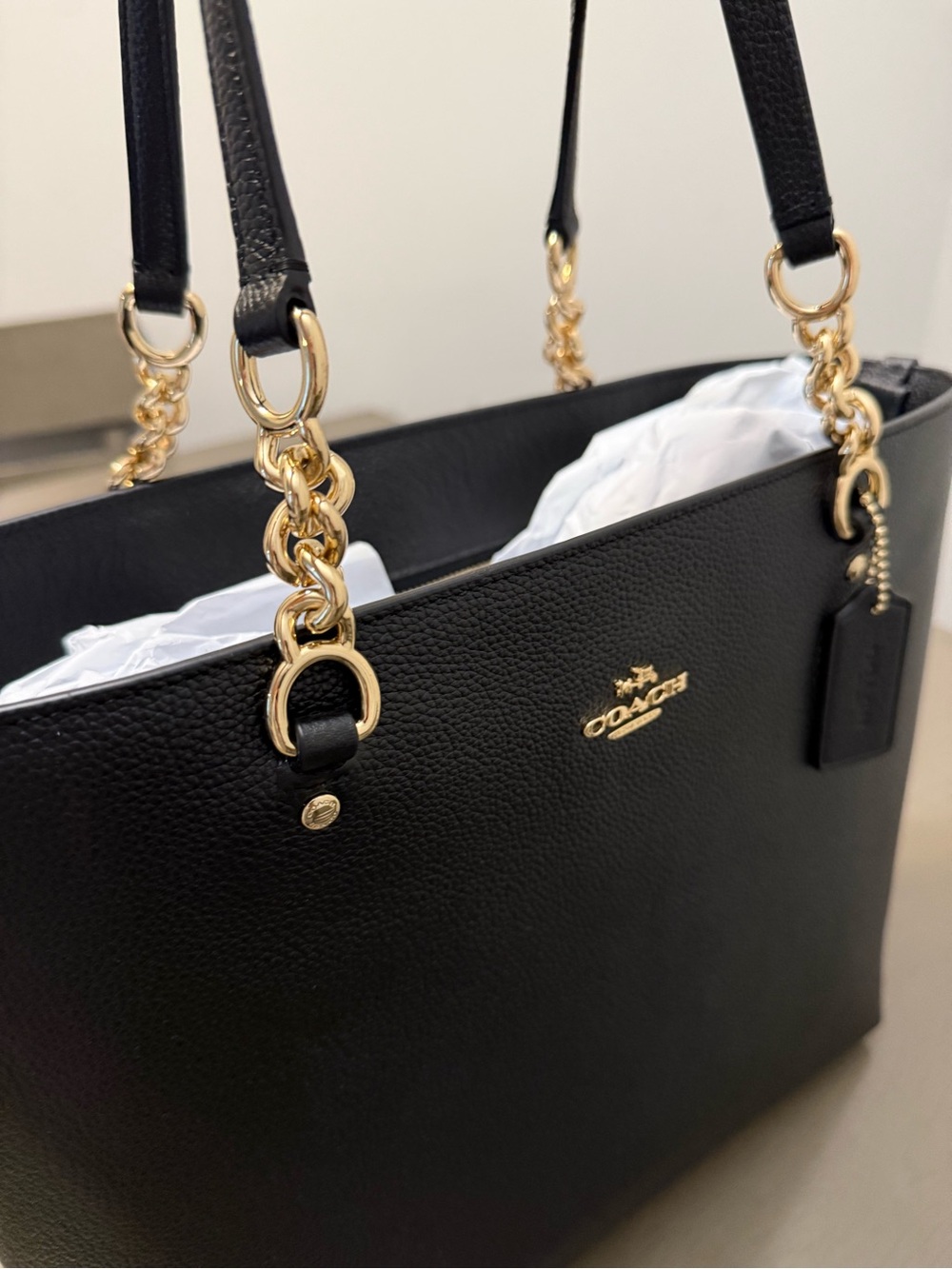 Coach Ava Black Leather Tote with Gold Chain Handles - Picture 2 of 5